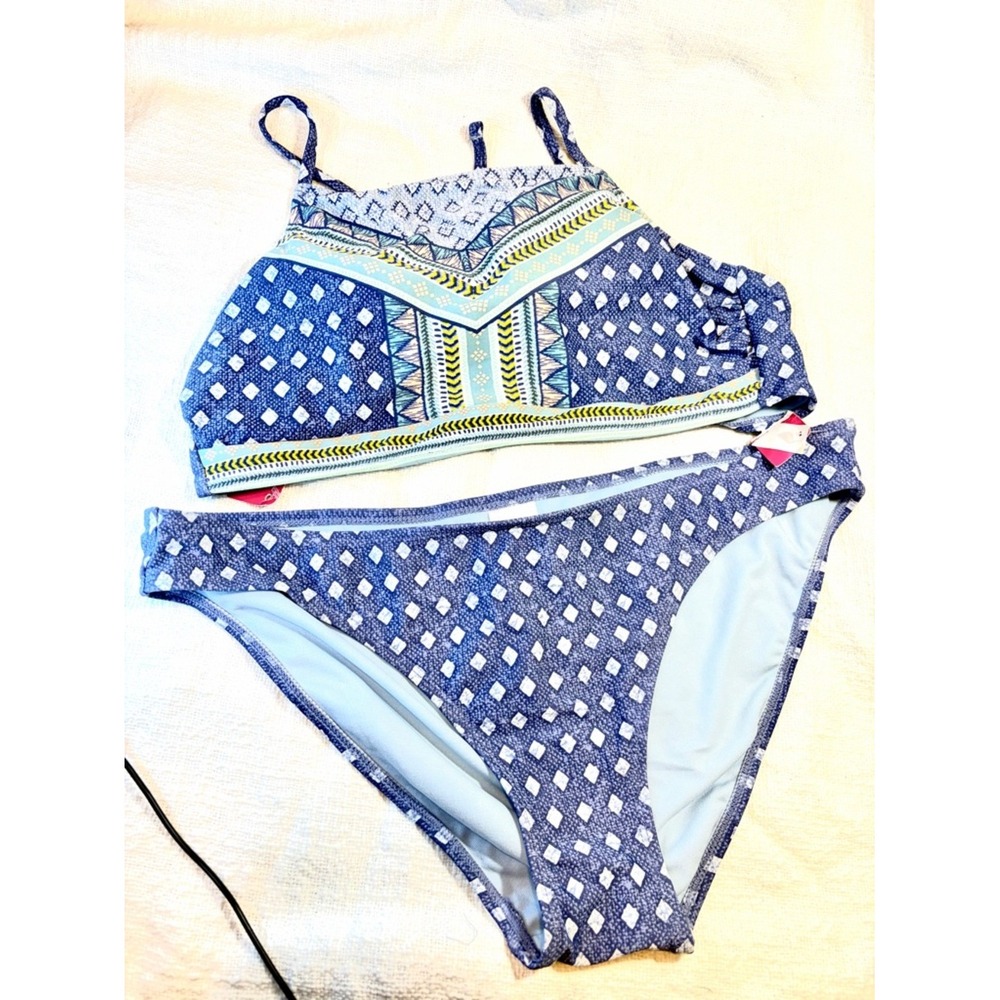 NWT Xhilaration Women's Square Neck High Bikini Set  Tribal Blue - size XL